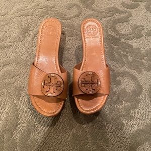 Tan Tory Burch Slide Wedges